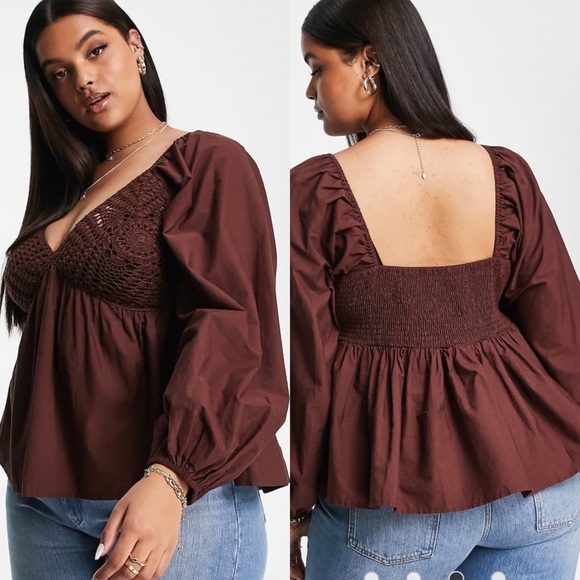 ASOS Curve Crochet Burgundy Smocked Peplum Top Plus Size 22 - Picture 1 of 8
